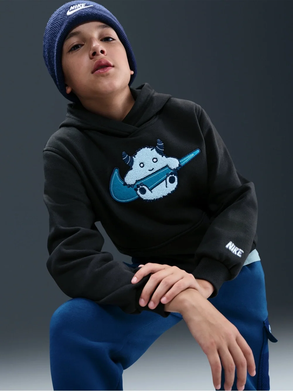 Nike Kids Black Hoodie with Blue Monster & Teal Swoosh